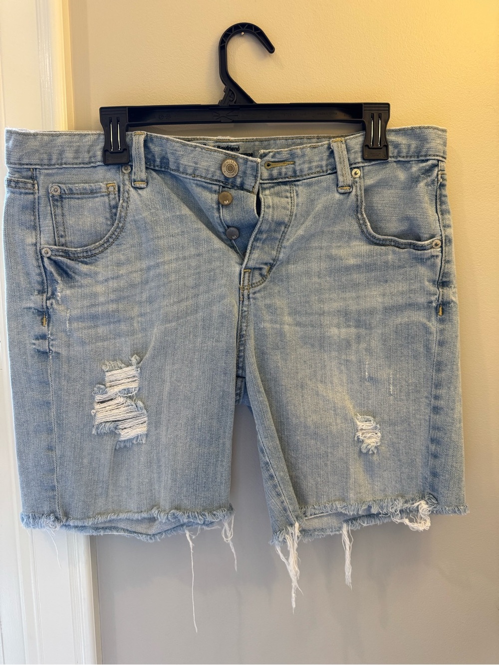 Vintage-ish Light Wash Distressed Denim Bermuda Shorts